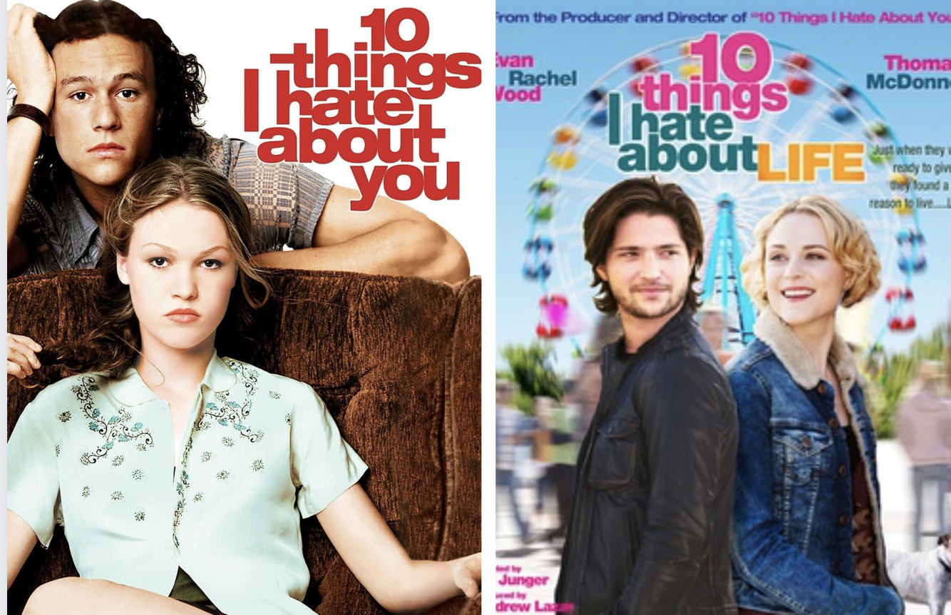 on the left the movie poster for 10 things i hate about you. on the right the conceptual movie poster for 10 things i hate about life