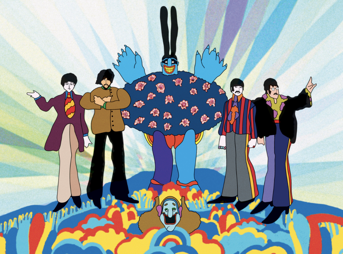 a still from yellow submarine featuring all of the beatles animated