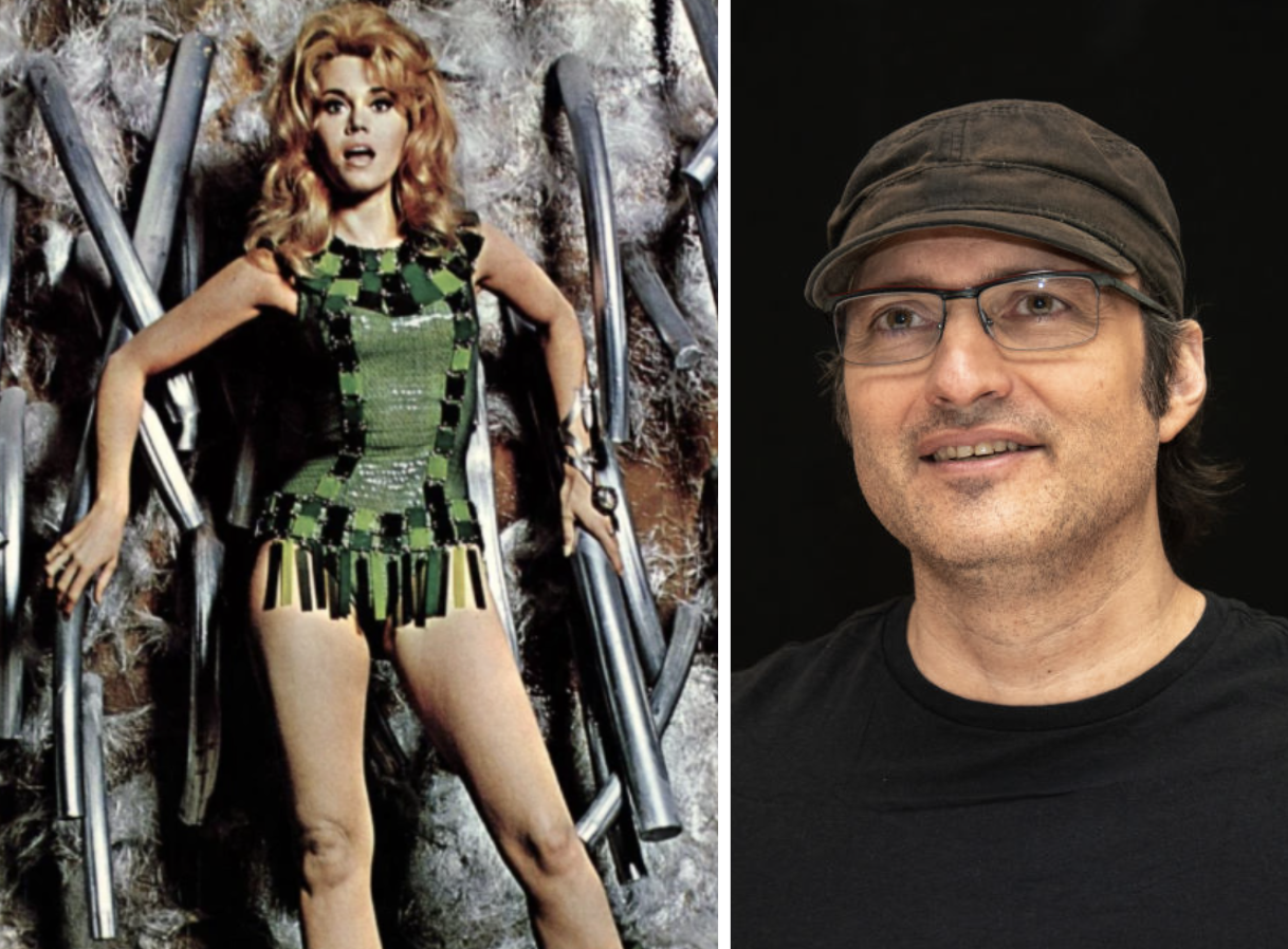 on the left a still from barbarella. on the right a picture of robert rodriguez