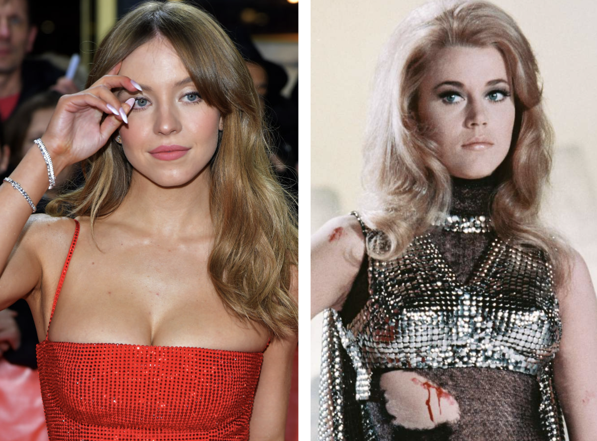 on the left an image of sydney sweeney. on the right an image of jane fonda as barbarella