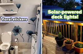 L: blue floral stickers on a bathroom wall R: solar-powered deck lights attached to the railing