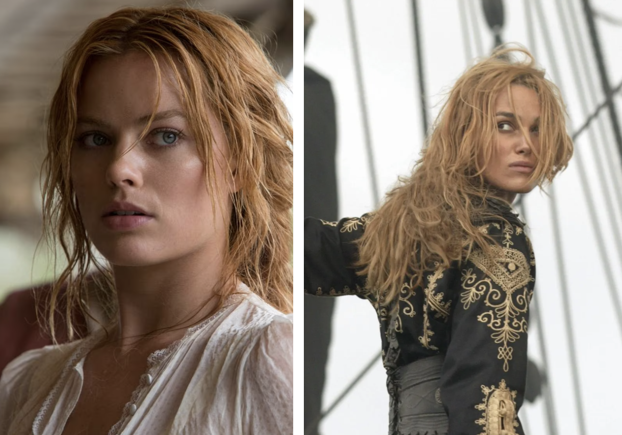 on the left a picture of margot robbie as jane in the legend of tarzan. on the right a picture of keira knightley as elizabeth in the pirates of the caribbean