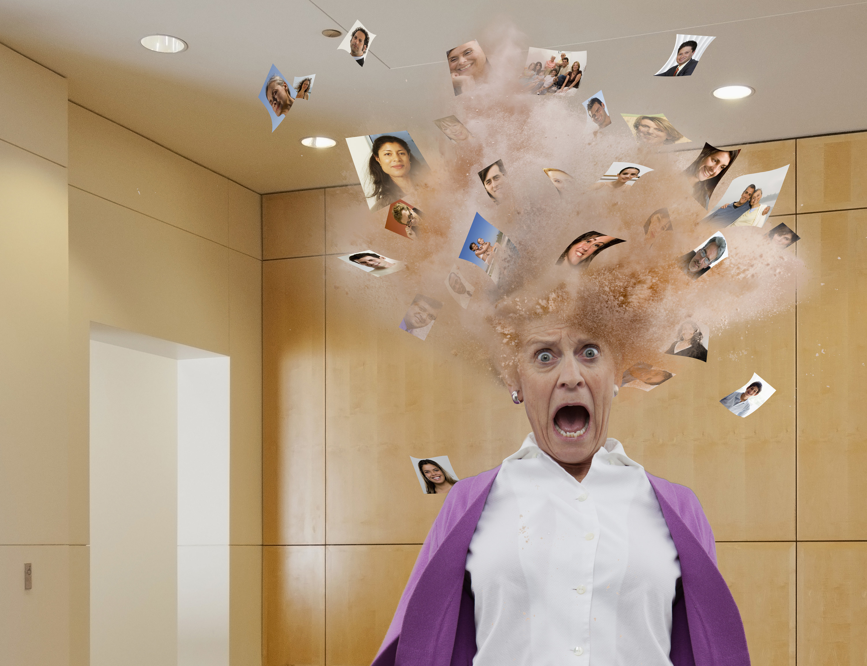 A woman&#x27;s head exploding with pictures coming out