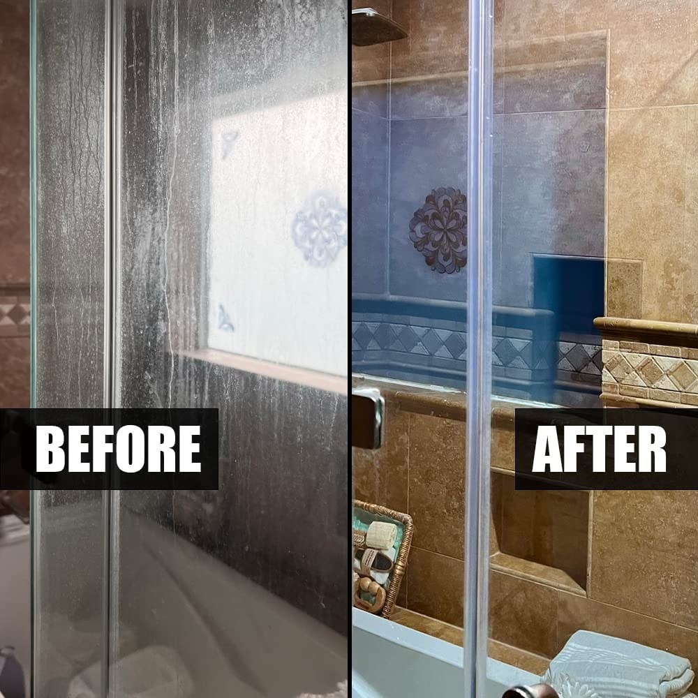 a before and after shot of a shower door when it&#x27;s dirty and then clean