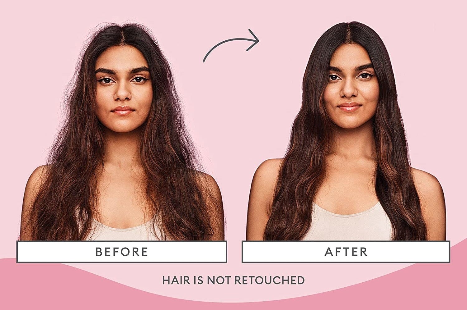 Model showing before-and-after results of using the spray, which made their hair look more smooth and less frizzy