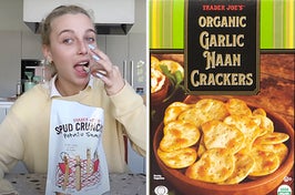 On the left, Emma Chamberlain eating Trader Joe's Potato Snacks, and on the right, some organic garlic naan crackers from Trader Joe's