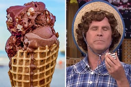 On the left, a rocky road ice cream cone, and on the right, Will Ferrell wearing a straw hat, dressed as Little Debbie, holding a snack cake to his mouth