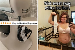 a cord organizer on the back of a stand mixer and text that reads "easy to use cord organizer"; a reviewer holding up a bra liner and text that reads "wick sweat away with a bra liner"