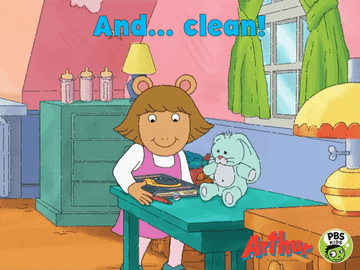 D W from arthur saying and... clean! after pushing things off a table