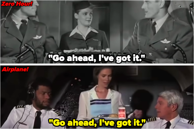 Side by side images of a woman serving a pilot food, one from Zero Hour and one from Airplane, to show the similarities