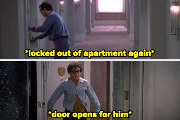 A man is locked out of his apartment in one panel, but a door flies open for him in another
