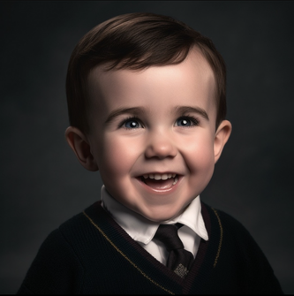 Close-up of young Neville in a sweater and tie smiling