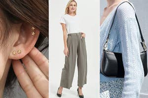 a person wearing flower earrings, a person in dressy pants, a person with a purse