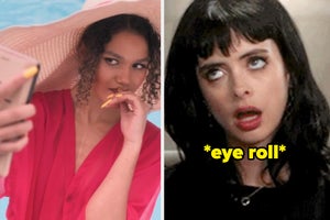 krysten ritter rolling her eyes and a woman taking a selfie on vacation
