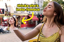 emily taking a selfie on emily in paris captioned "thinks she's insta-famous"