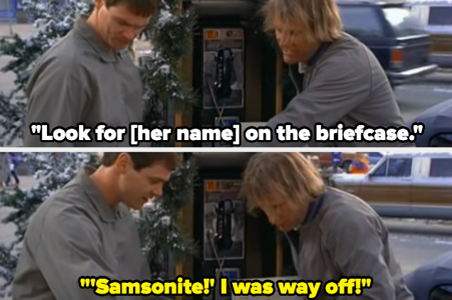 A man looking for a woman's name on a briefcase and saying "'Samsonite!' I was way off!"
