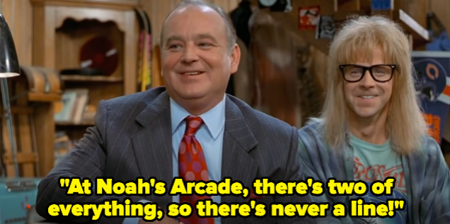 A man on a TV show saying, &quot;At Noah&#x27;s Arcade, there&#x27;s two of everything, so there&#x27;s never a line!&quot;