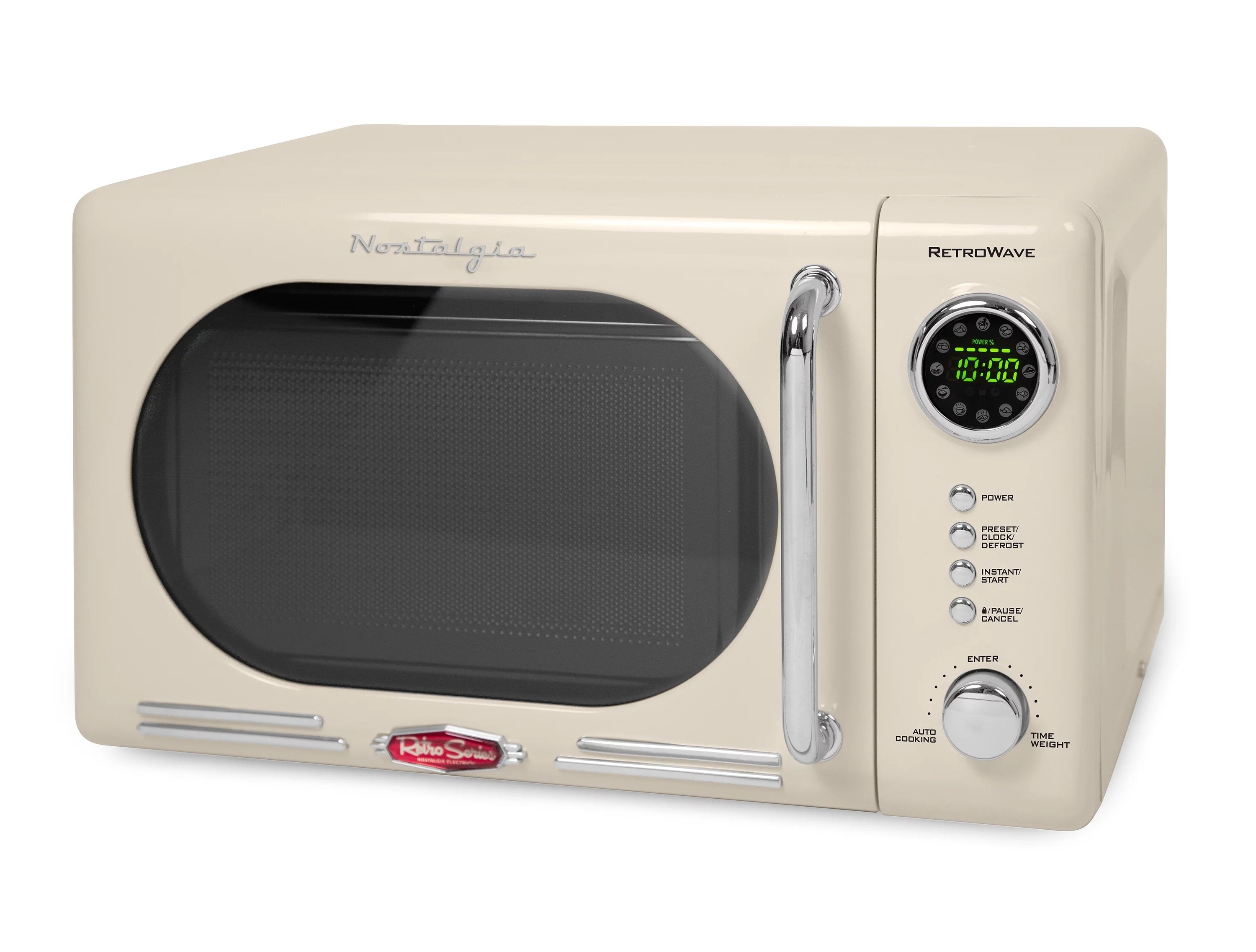 an ivory retro microwave with metal handle