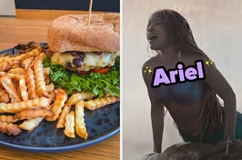 On the left, a cheeseburger and crinkle fries, and on the right, Chloe Bailey as Ariel in the live-action Little Mermaid trailer