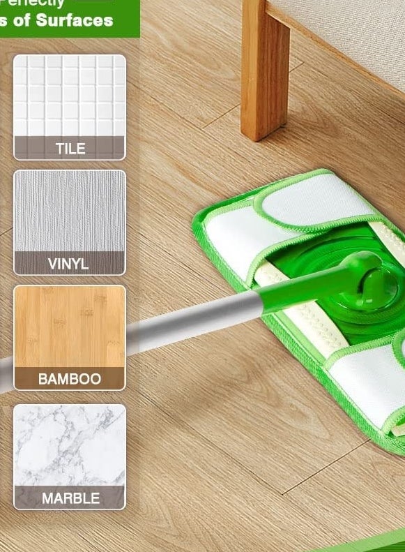 the swiffer with the pad on it going under a piece of furniture