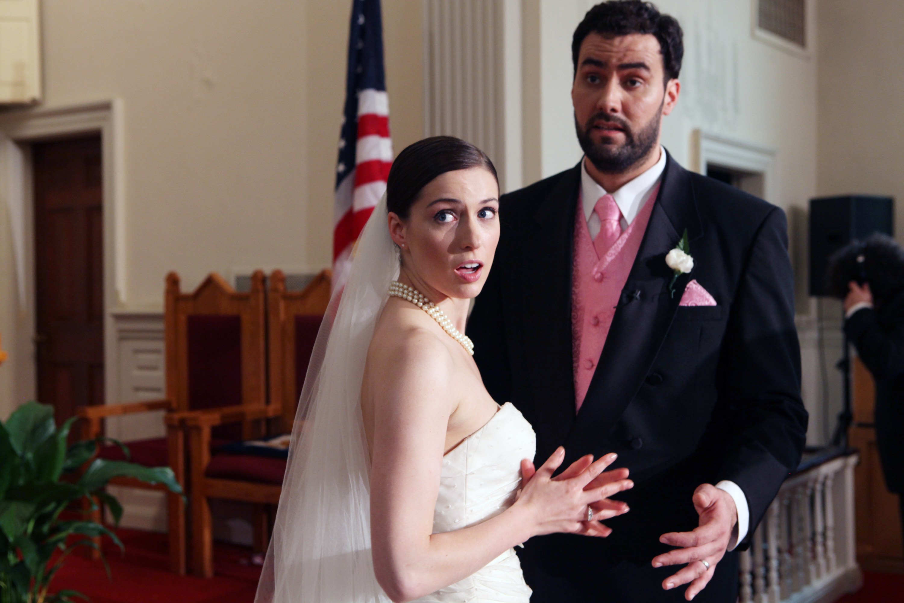 Alison Fyhrie and Philip Quinaz look shocked at a wedding in &quot;breakup at a wedding&quot;