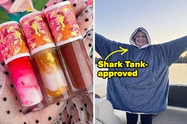 Three Filipinta cocktail-inspired lip glosses, one pink, one gold, and one brown; and a reviewer wearing their blue blanket-sweatshirt on a boat on a lake smiling with their hands out