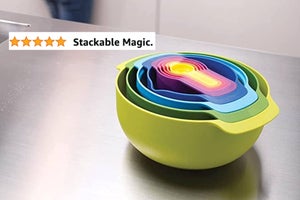 side by side photo of rainbow bowls and measuring cups all stacked into one