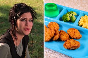 On the left, Janis from Mean Girls, and on the right, a lunch tray with Jell-O, broccoli, mac and cheese, and chicken nuggets on it