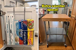 side by side photos of a over the door rack and a mobile countertop