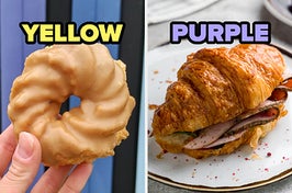 On the left, a cruller donut labeled yellow, and on the right, a ham and cheese croissant sandwich labeled purple