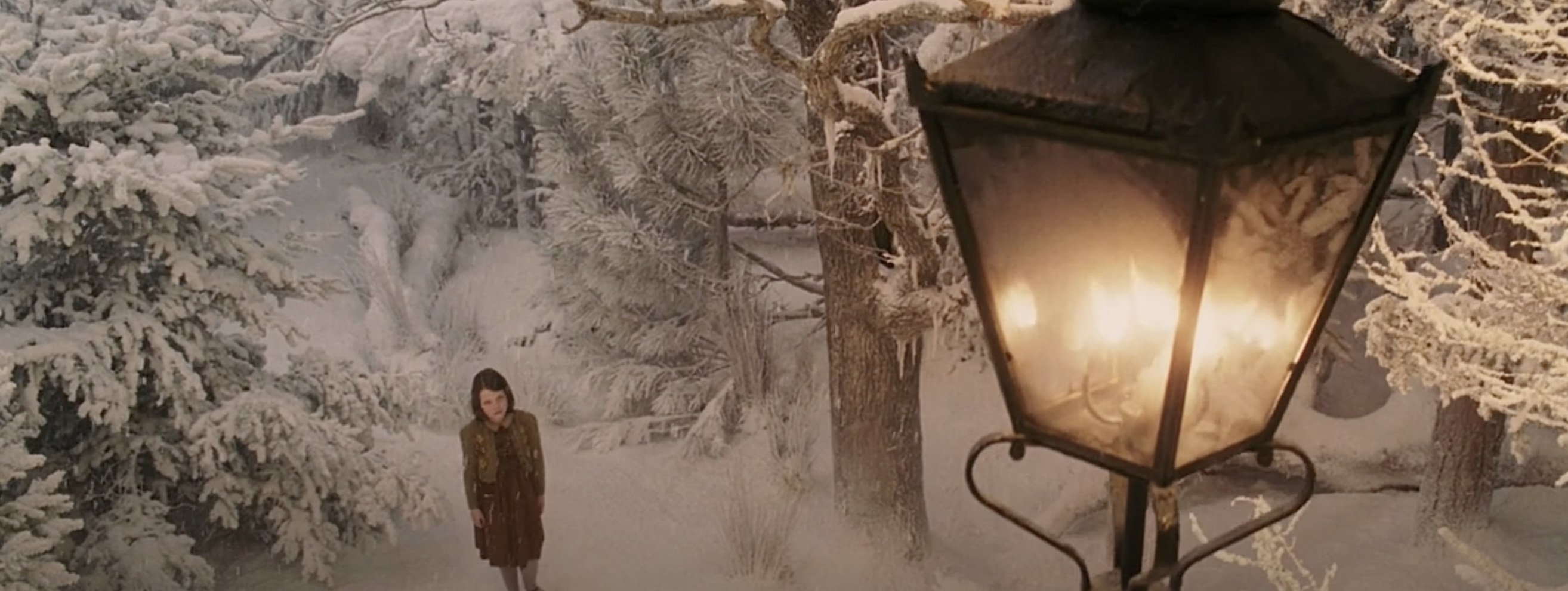 a girl looks up at a street lamp