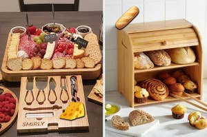 A split thumbnail of a cheese board and a bread box