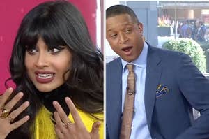 Jameela Jamil speaks passionately with her hands up vs Craig Melvin looks shocked with his mouth open