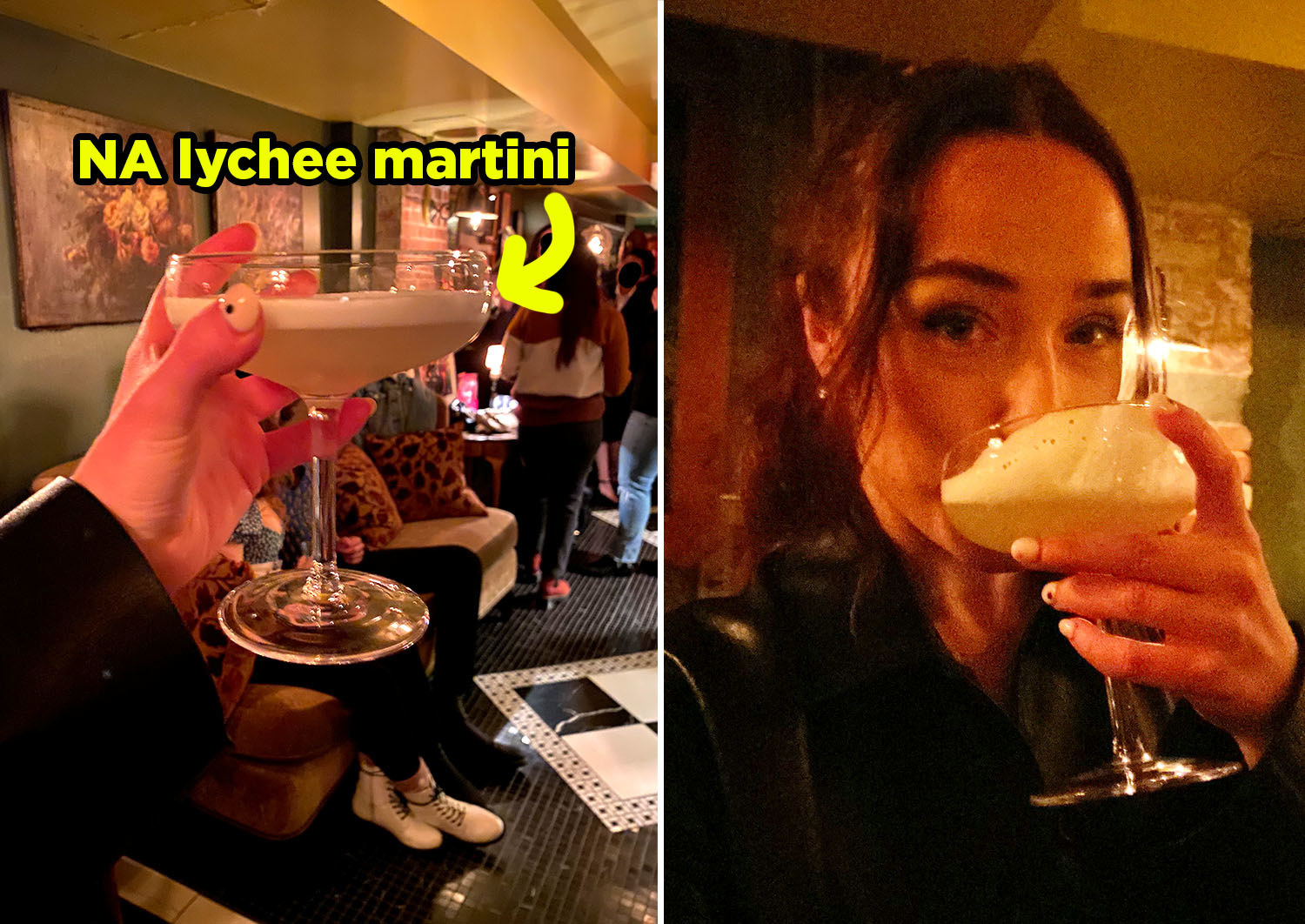 A hand holding the NA lychee martini, and a person drinking it