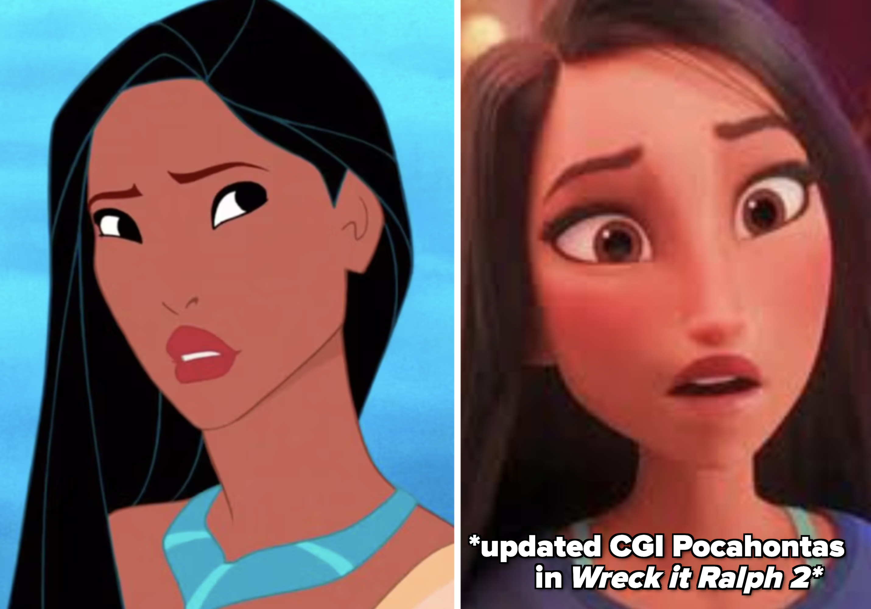 on the left pocahontas in the original animated film. on the right pocahontas in wreck it ralph 2