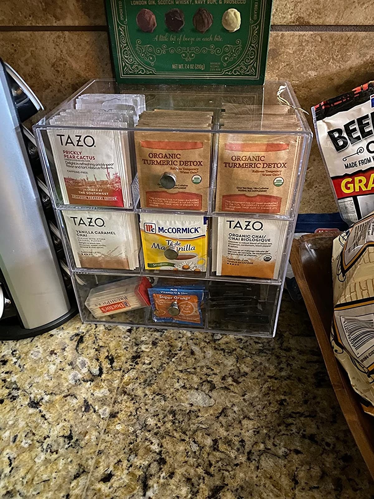 Reviewer image of teabags in organizer on their countertop