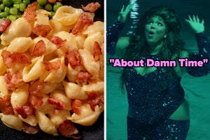 On the left, some bacon mac and cheese, and on the right, Lizzo dancing in the About Damn Time music video