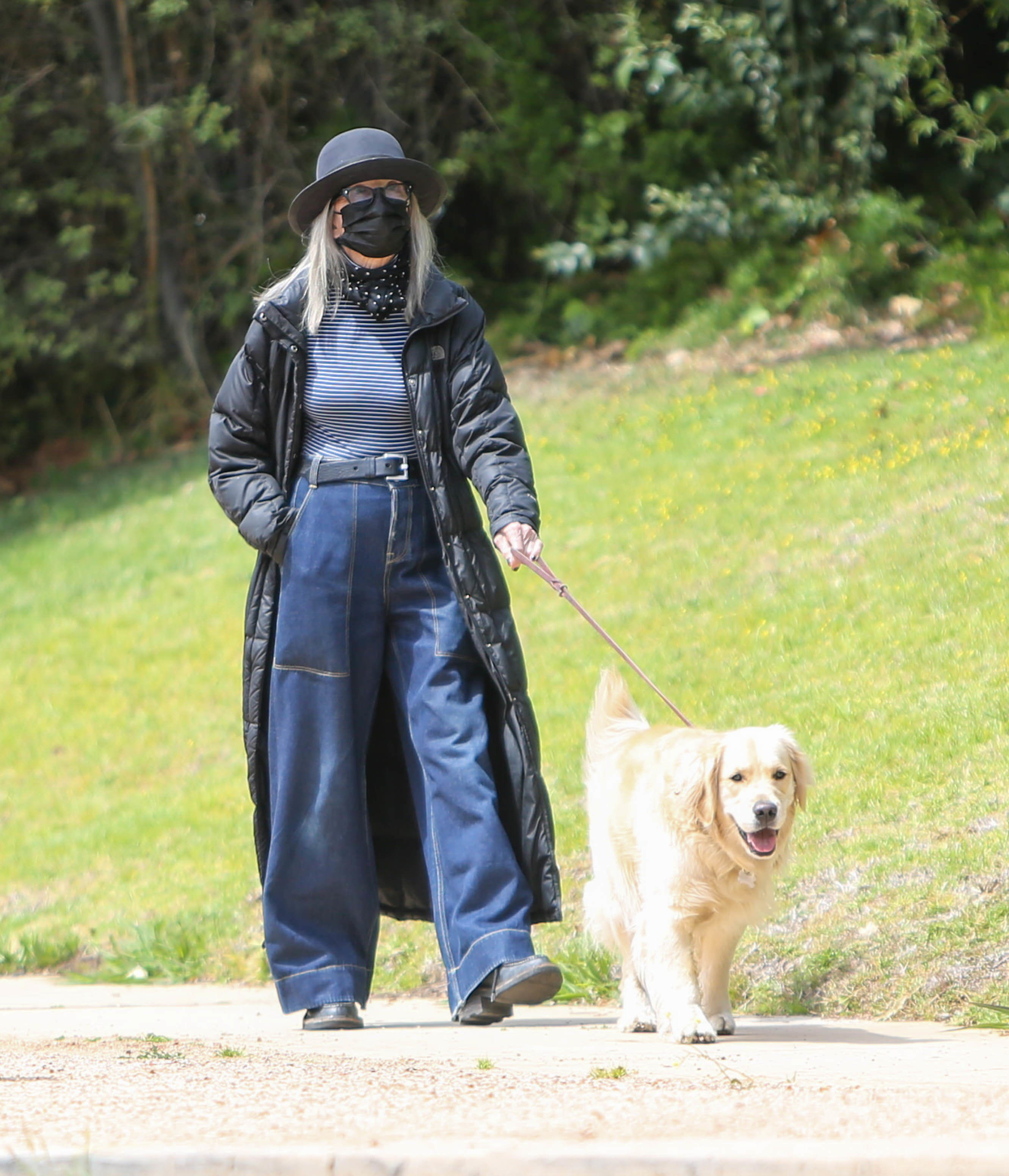 Diane walking Reggie on the sidewalk