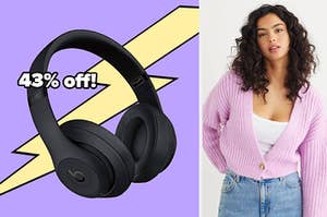 43% off beats headphones, a person in a cute cardigan 