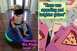 reviewer's kid on electric bumper car and a reviewer's Taco Cat Goat Cheese Pizza cards spread out on a table