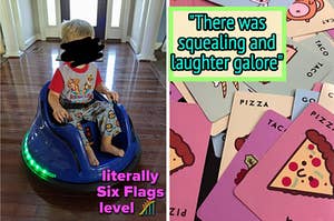 reviewer's kid on electric bumper car and a reviewer's Taco Cat Goat Cheese Pizza cards spread out on a table