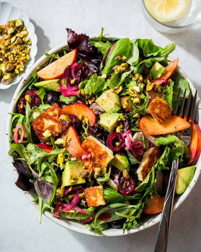 halloumi salad with peaches, cherries, and arugula