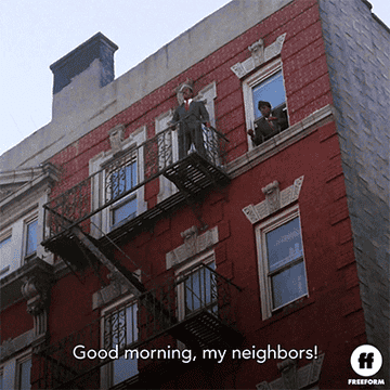 a gif of eddie murphy in coming to america saying &quot;good morning, my neighbors!&quot;