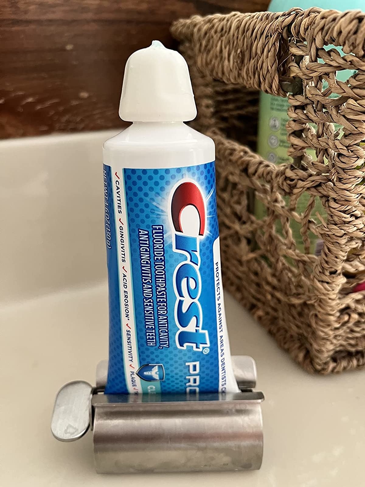 Reviewer image of toothpaste in a metal squeezer