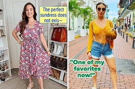 model wearing a floral sundress with text: the perfect sundress does not exis— / reviewer wearing a yellow drawstring crop top with a positive review quote