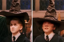 Draco and Ron getting sorted into their Hogwarts houses