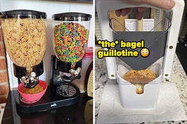 a black cereal dispenser with two types of cereal in each side of it / a bagel guillotine