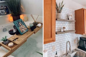 bath tray, white stick-on tiles in kitchen