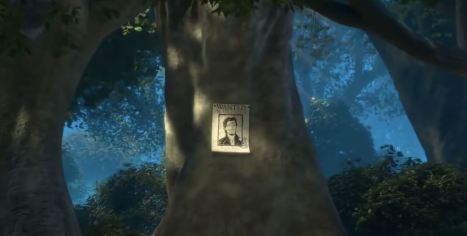 a wanted poster for Flynn Rider stuck to a tree