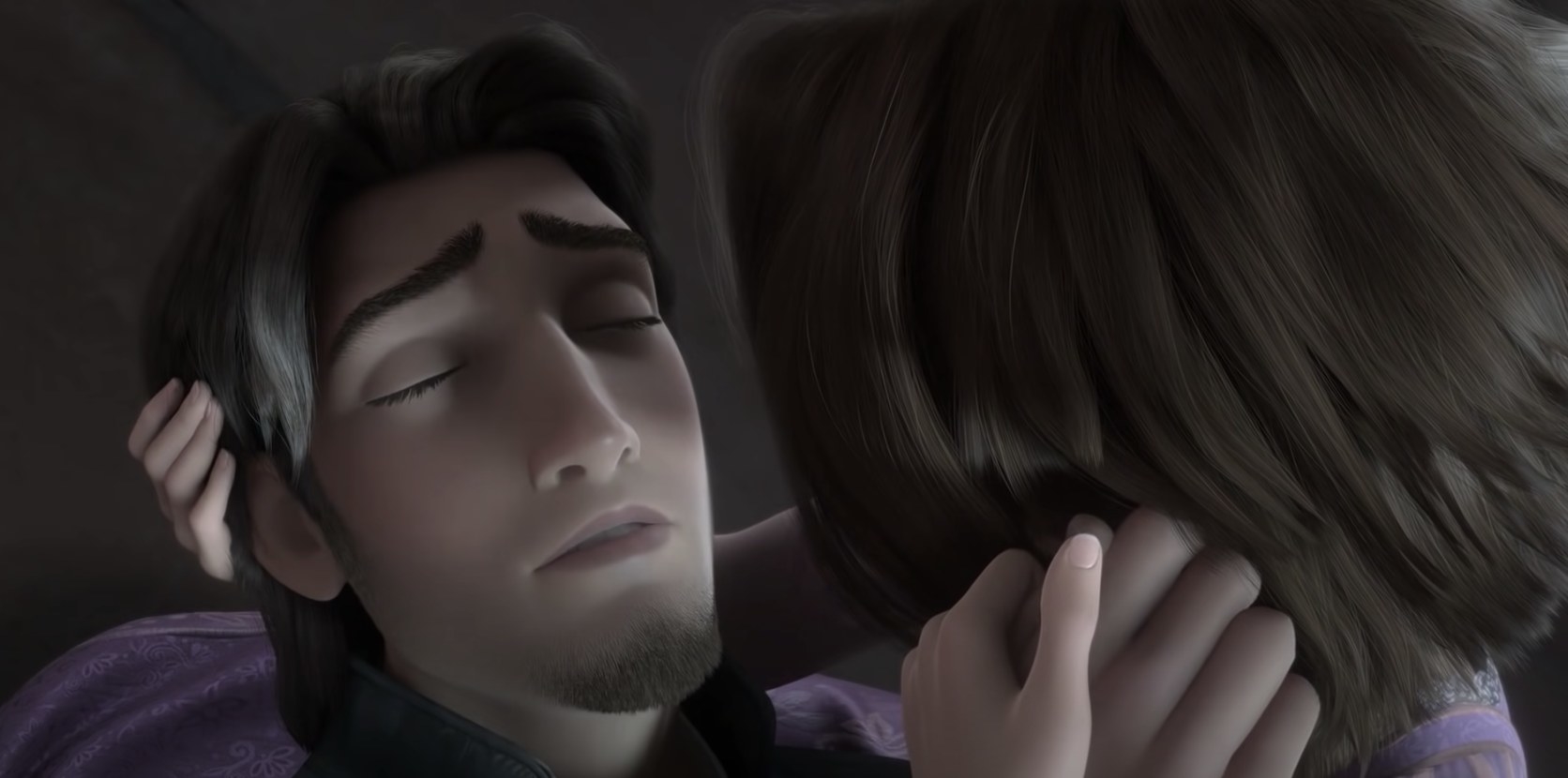 Flynn Rider dying in the arms of Rapunzel